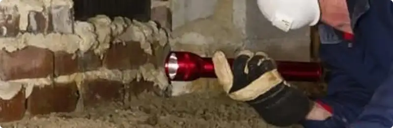 Pest control technician inspecting a crawl space for ant activity in New Albany, IN