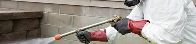 Pest control technician applying exterior insect treatment along a home foundation in Louisville, KY