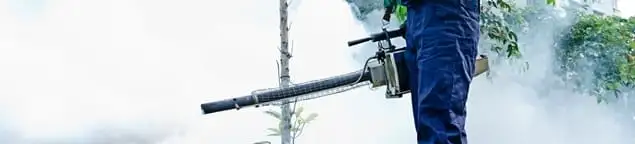 Pest control technician fogging an outdoor area for insect control in Louisville, KY